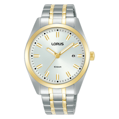 Lorus Herrenarmbanduhr mit silbernem Band und goldenen Akzenten, hellblauem Zifferblatt