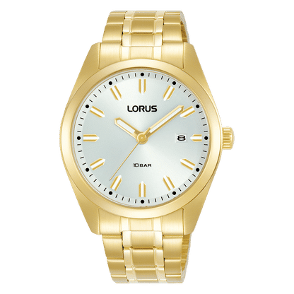 Lorus Herrenuhr mit goldfarbenem Edelstahlarmband und weißem Zifferblatt