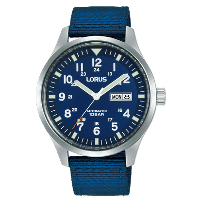 Herren-Automatikuhr mit blauem Zifferblatt und dunkelblauem Nylonarmband, rundes Stahlgehäuse