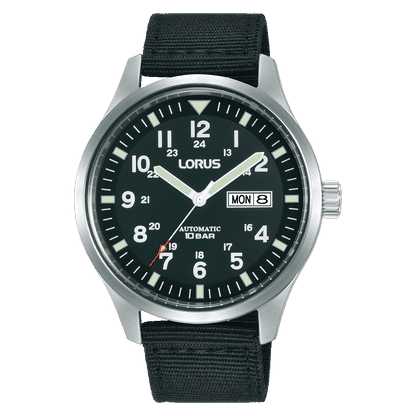 Lorus Herrenarmbanduhr mit schwarzem Zifferblatt, Datumsanzeige und Textilarmband