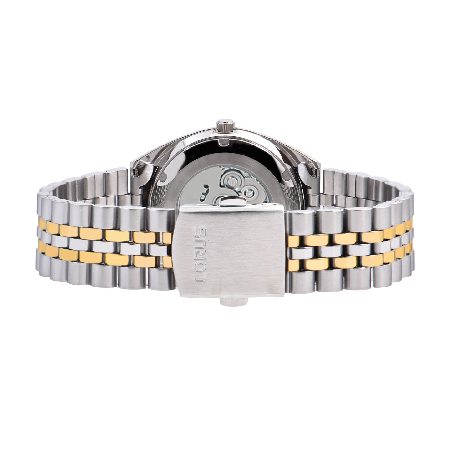 Herrenarmbanduhr Rückseite mit Edelstahl-Gold-Kombiband, gravierter Gehäuseboden-Inschrift Lorus