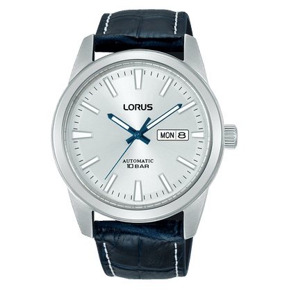 Herrenuhr LORUS mit silbernem Gehäuse, blauem Lederband, weißem Zifferblatt, Datum