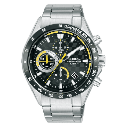 Herrenchronograph Lorus mit schwarzem Zifferblatt und Tachymeterskala, Edelstahlband