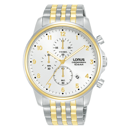 Lorus Herrenarmbanduhr mit Chronograph, weißem Zifferblatt und zweifarbigem Metallband