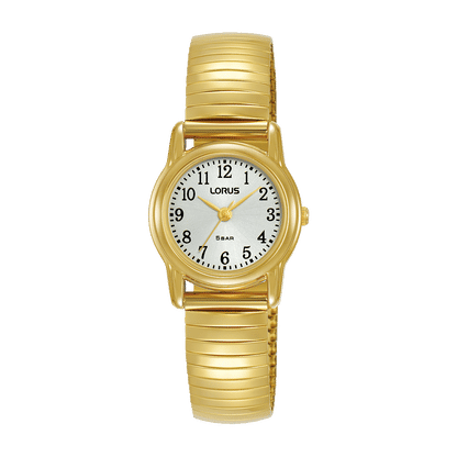 Damenuhr mit goldfarbenem Metallarmband, rundem Gehäuse und dunklem Zifferblatt mit Lorus-Logo