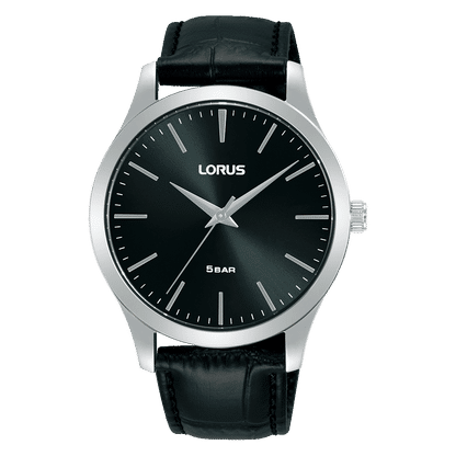 Lorus Herrenarmbanduhr: schwarzes Lederarmband, schwarzes Zifferblatt, Mineralglas