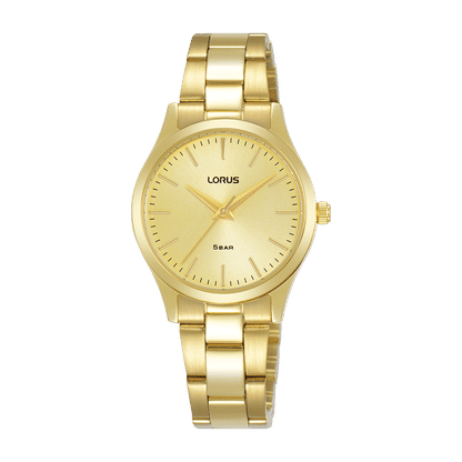 Damenarmbanduhr mit champagnerfarbenem Zifferblatt und Edelstahlarmband, vergoldetem Look