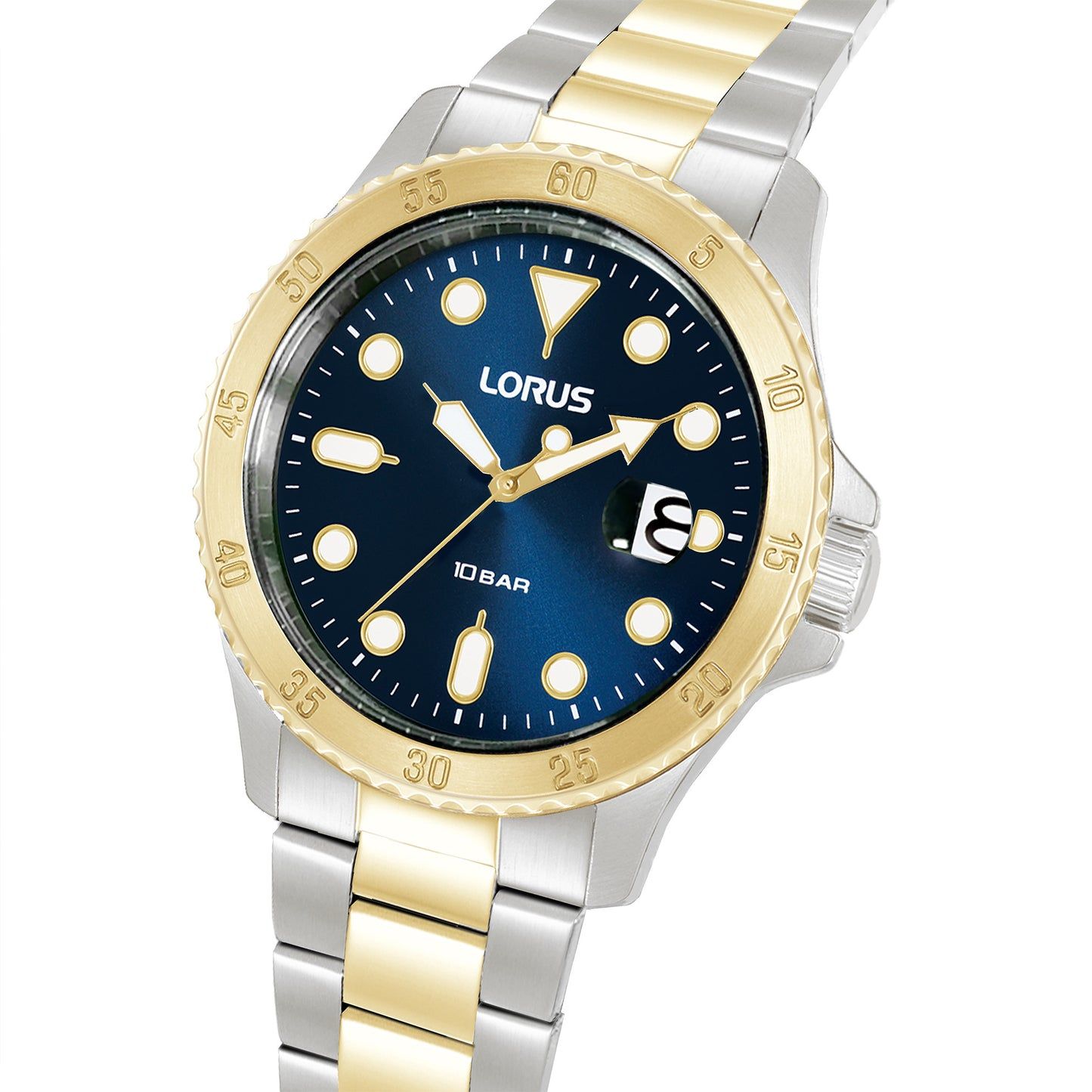 Lorus Sportuhr für Herren, dunkelblaues Zifferblatt, goldene Lünette, Edelstahlarmband
