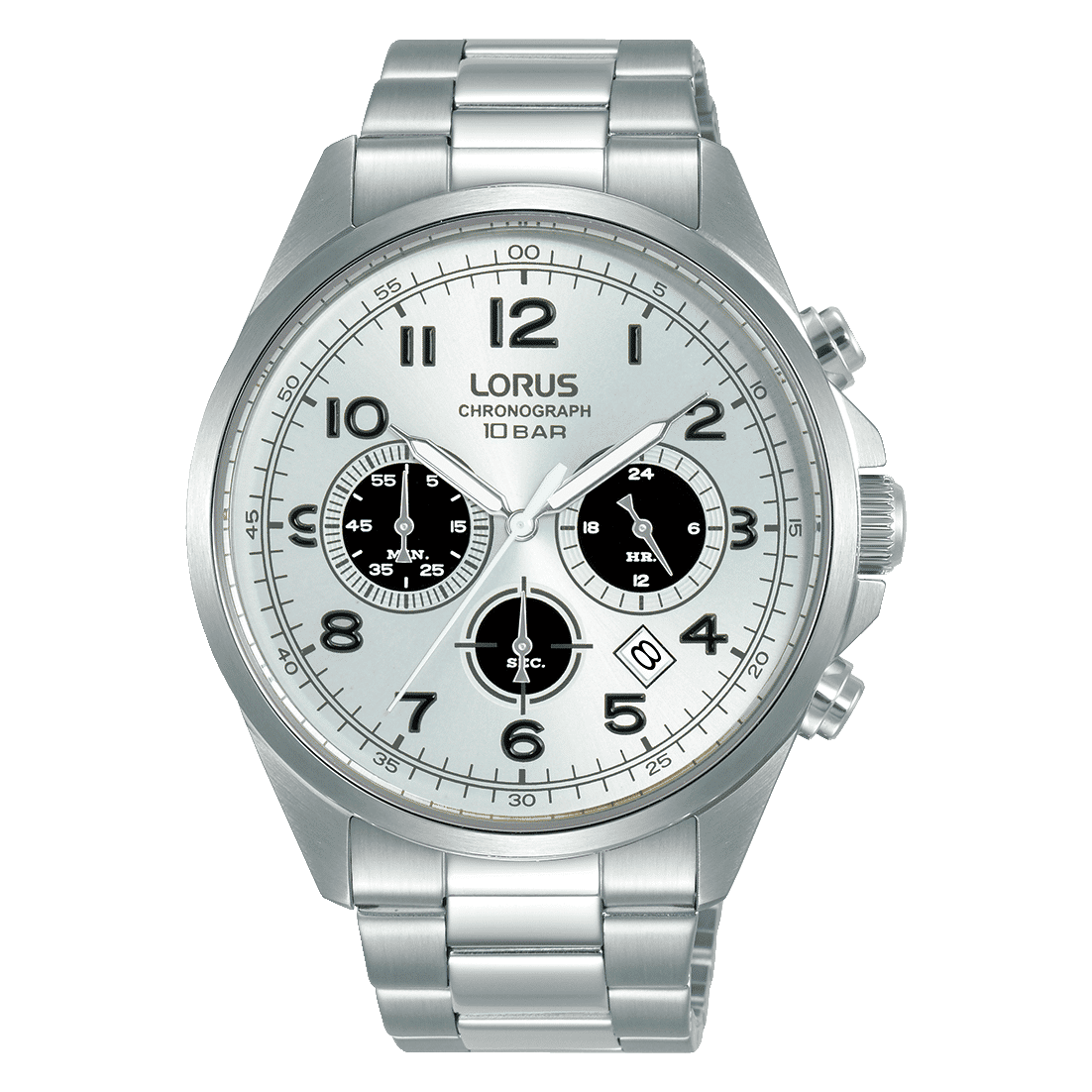 Herren-Chronograph-Armbanduhr mit silbernem Metallarmband, weißem Zifferblatt und Mineralglas