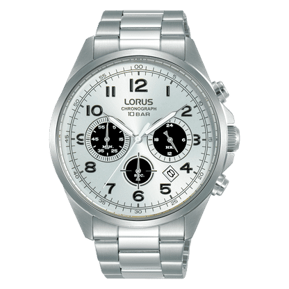 Herren-Chronograph-Armbanduhr mit silbernem Metallarmband, weißem Zifferblatt und Mineralglas