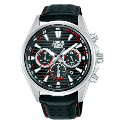 Herren-Chronograph von Lorus mit schwarzem Lederband, silbernem Gehäuse und roten Akzenten