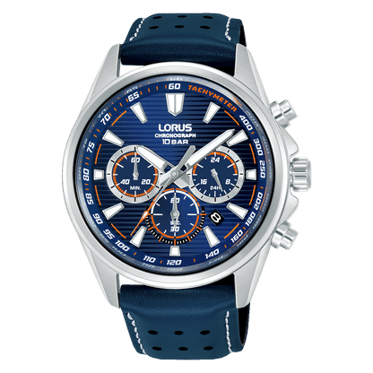 Lorus Sport Herrenuhr-Chronograph mit dunkelblauem Lederband und silbernem Gehäuse