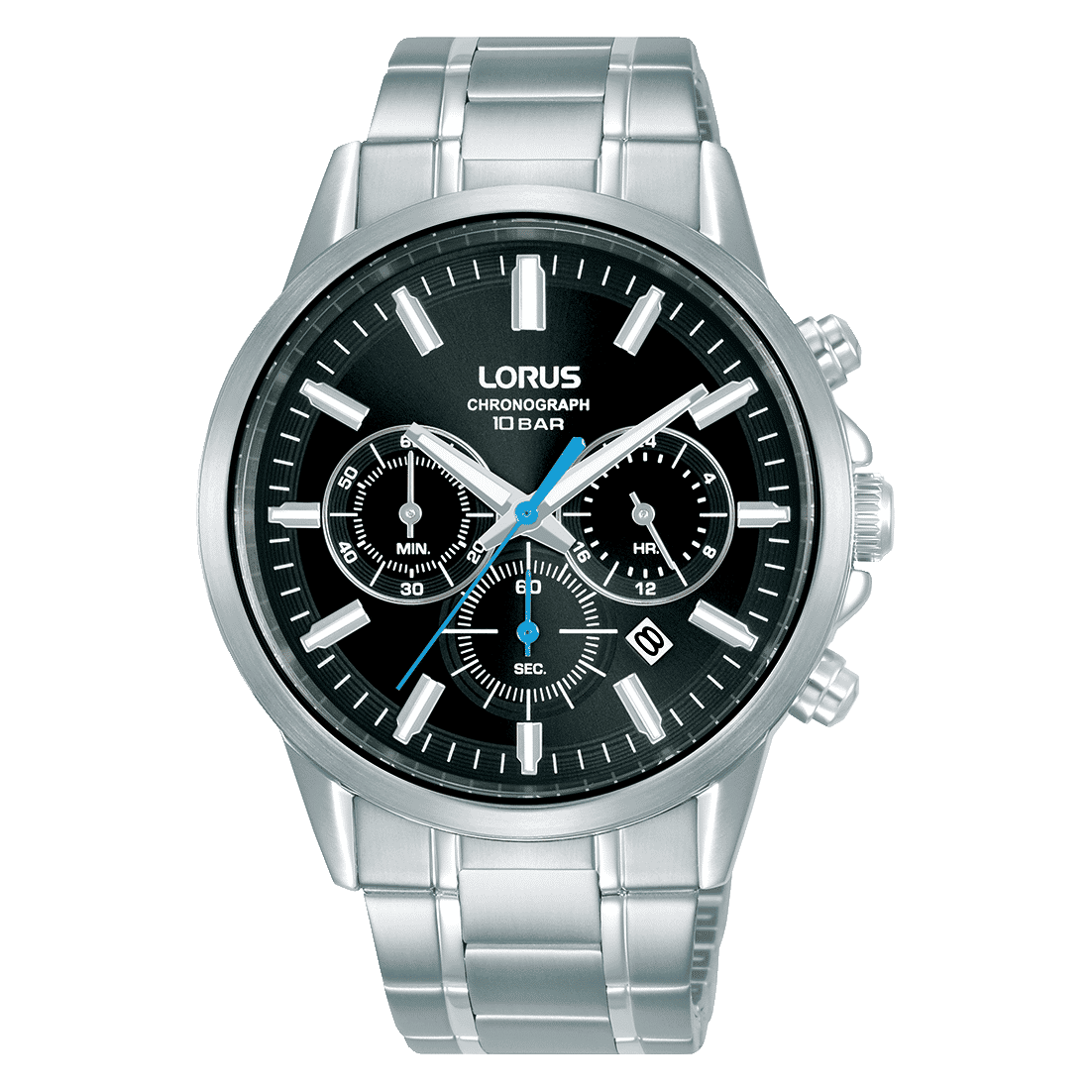 Lorus Herren-Chronograph mit Edelstahlband, schwarzem Zifferblatt
