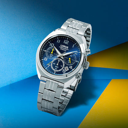 Lorus Herren-Chronograph mit blauem Zifferblatt und Edelstahlarmband, Minutenzähler