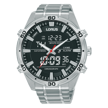 Herrenarmbanduhr Lorus: graues Metallband, Analog-Digital-Chronograph