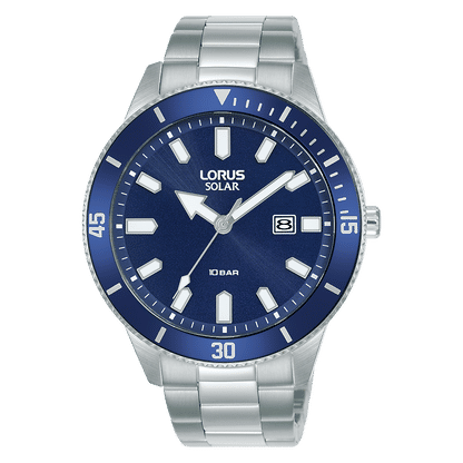Lorus Solar Herrenuhr mit blauem Zifferblatt und Edelstahlarmband, Mineralglas