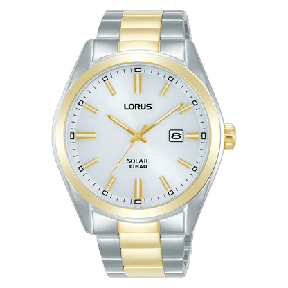 Lorus Herrenuhr mit Solarwerk, silber-goldenes Armband, weißes Zifferblatt, Mineralglas