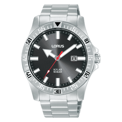 Lorus Sport-Herrenuhr mit schwarzem Zifferblatt, silbernem Metallband und Solar-Anzeige