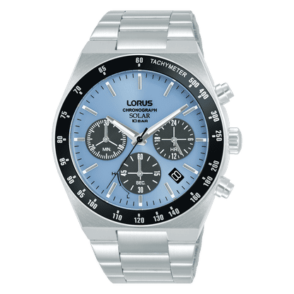 Herren-Armbanduhr mit silberfarbenem Edelstahlband, blauem Zifferblatt und Chronographen-Anzeige