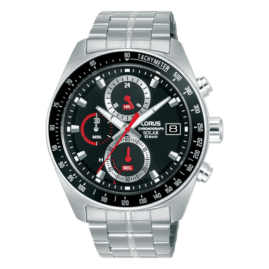 Herren-Solar-Chronograph-Armbanduhr mit schwarzem Zifferblatt, Edelstahlband und roten Akzenten
