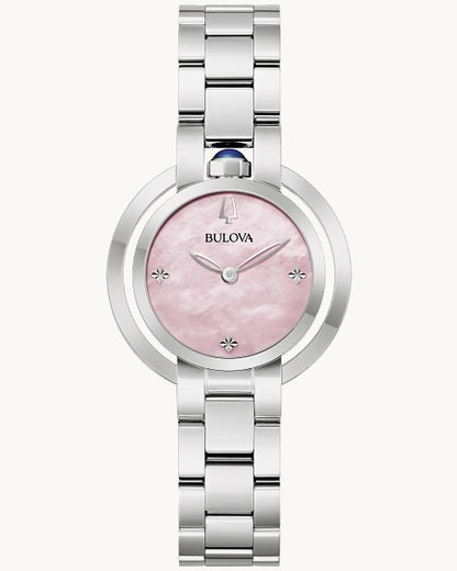 Bulova Damenuhr mit rosa Zifferblatt, runder Edelstahlgehäuse und Edelstahlarmband