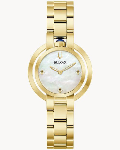 Bulova Damenuhr mit weißem Zifferblatt, goldfarbenem Edelstahlarmband und runden Indexen