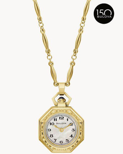 Damen-Umhängeuhr mit goldfarbenem Achtkantgehäuse, weißem Zifferblatt und Gliederkette