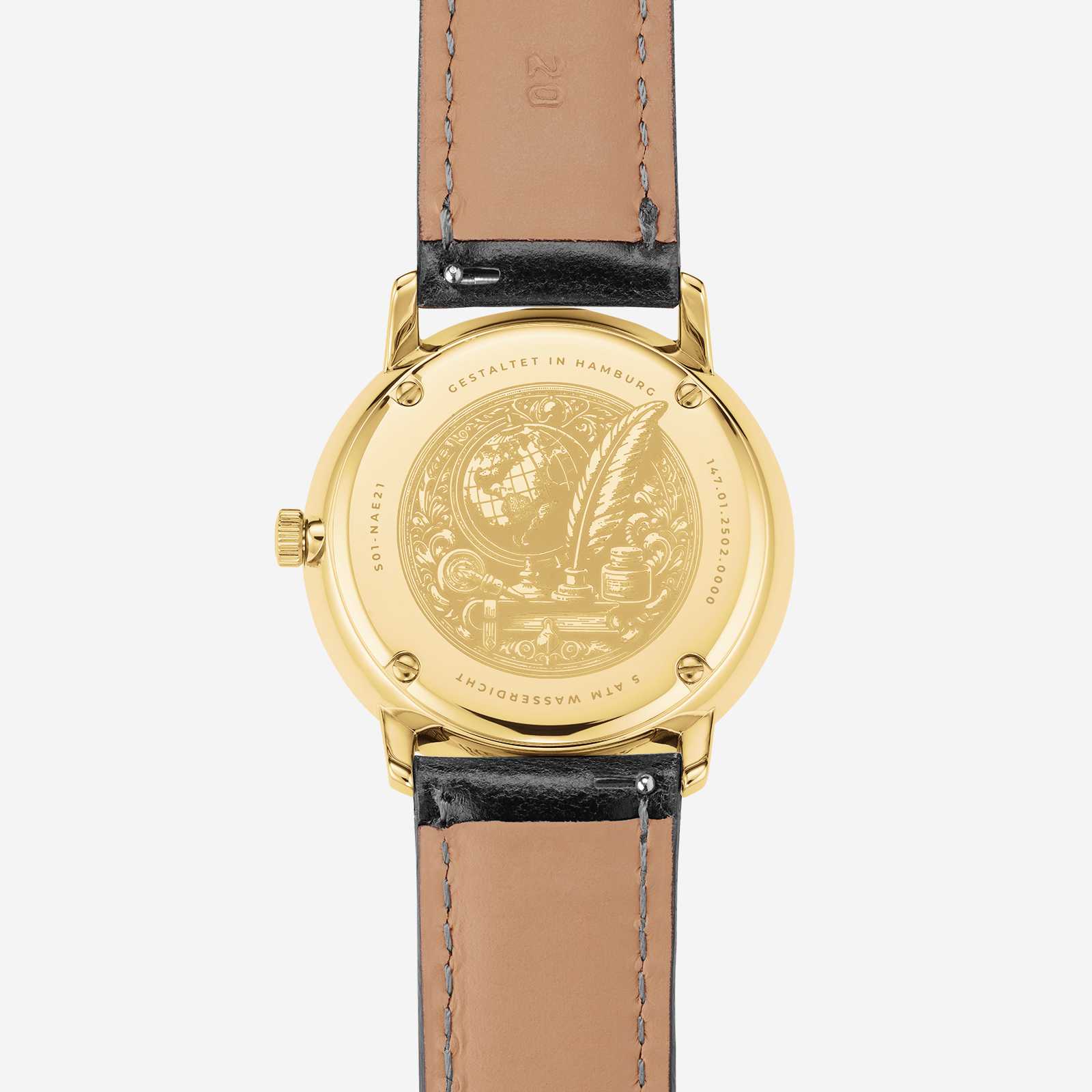 Montre Sternglas pour homme avec bracelet en cuir noir, fond doré gravé