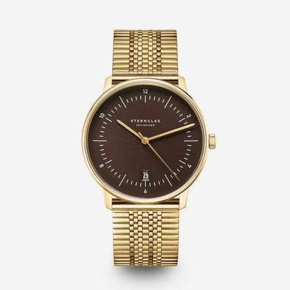 Montre Sternglas pour homme avec bracelet en métal doré et cadran marron, ronde