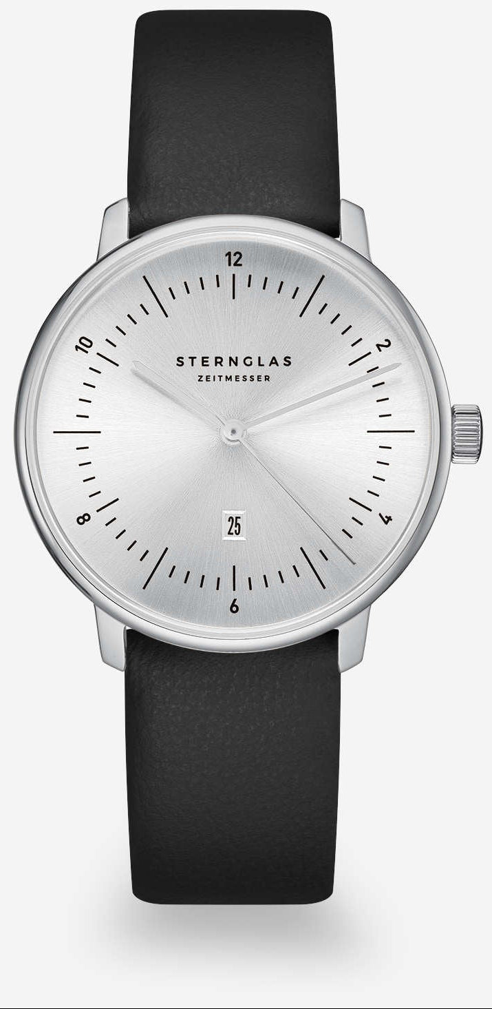 Montre pour femme avec bracelet en cuir noir, boîtier argenté et cadran blanc avec guichet date