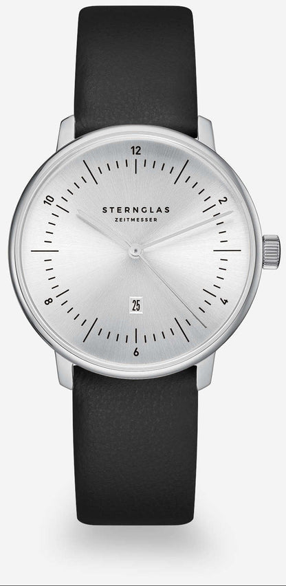Montre pour femme avec bracelet en cuir noir, boîtier argenté et cadran blanc avec guichet date