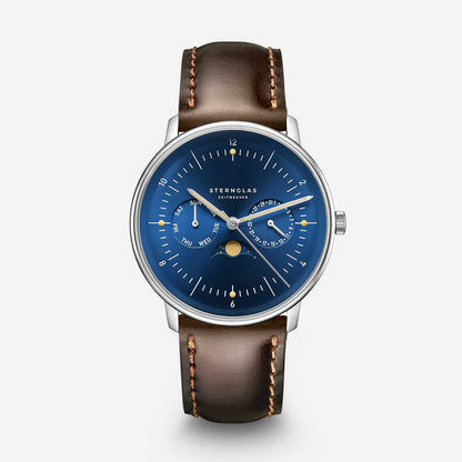 Montre bracelet pour homme avec cadran bleu et bracelet en cuir marron, vue de face