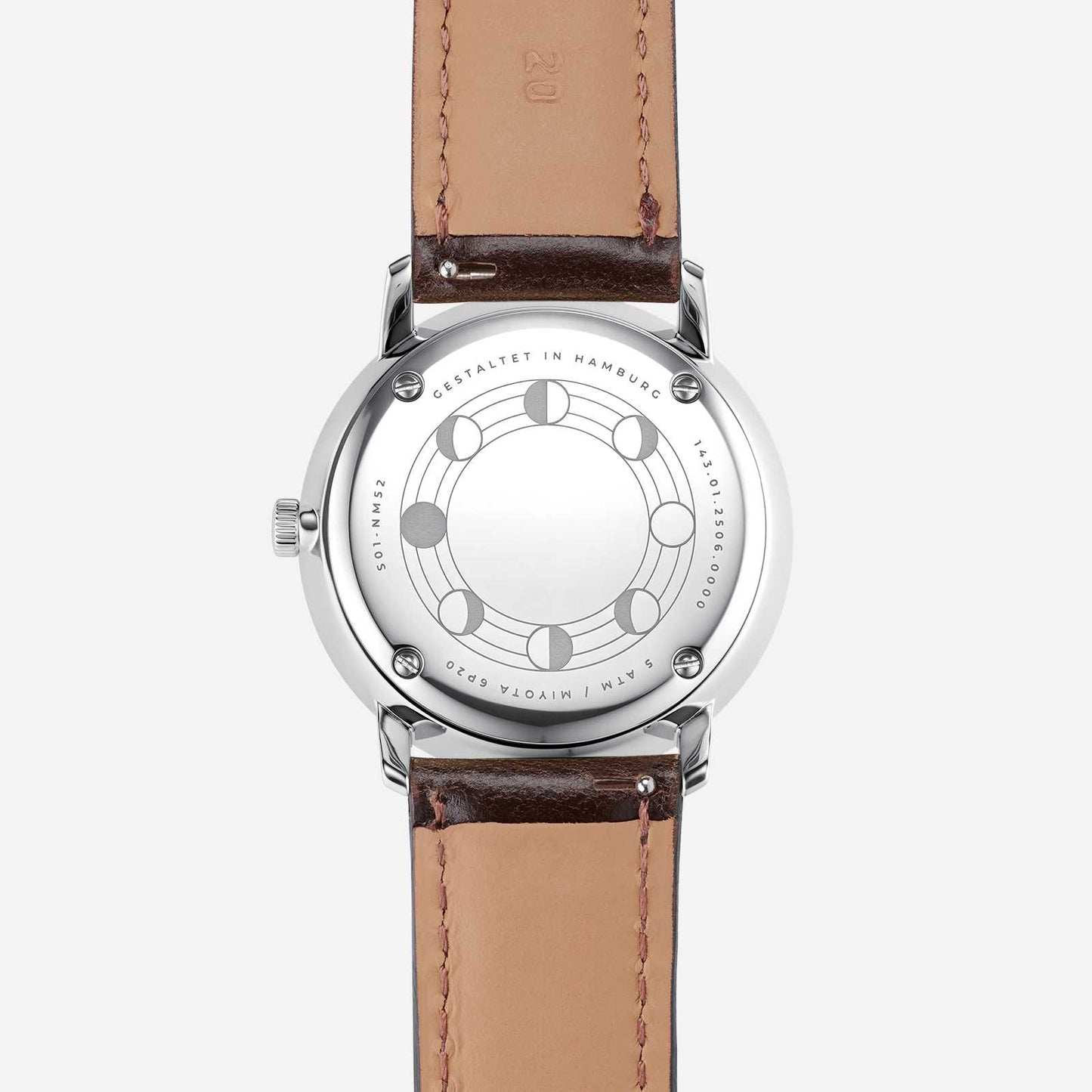 Fond de montre-bracelet avec boîtier argenté et bracelet en cuir marron, design circulaire
