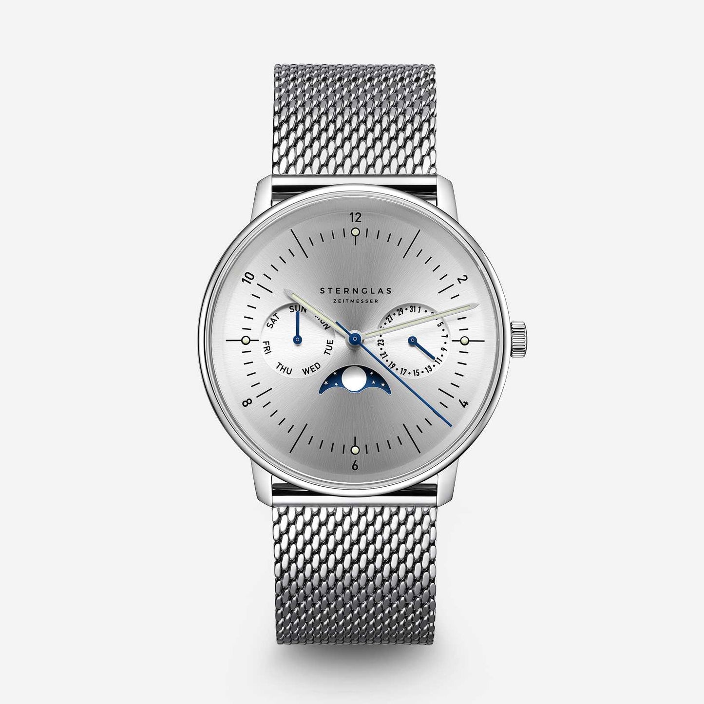 Bracelet de montre pour homme avec cadran blanc et index bleus, bracelet en maille argentée