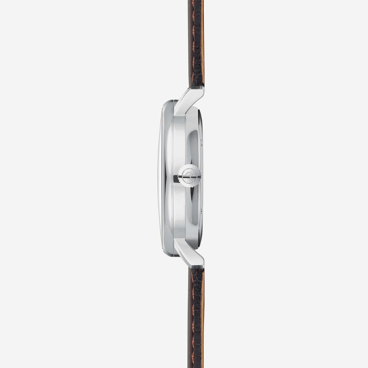 Bracelet montre en profil latéral : boîtier argenté avec bracelet en cuir marron
