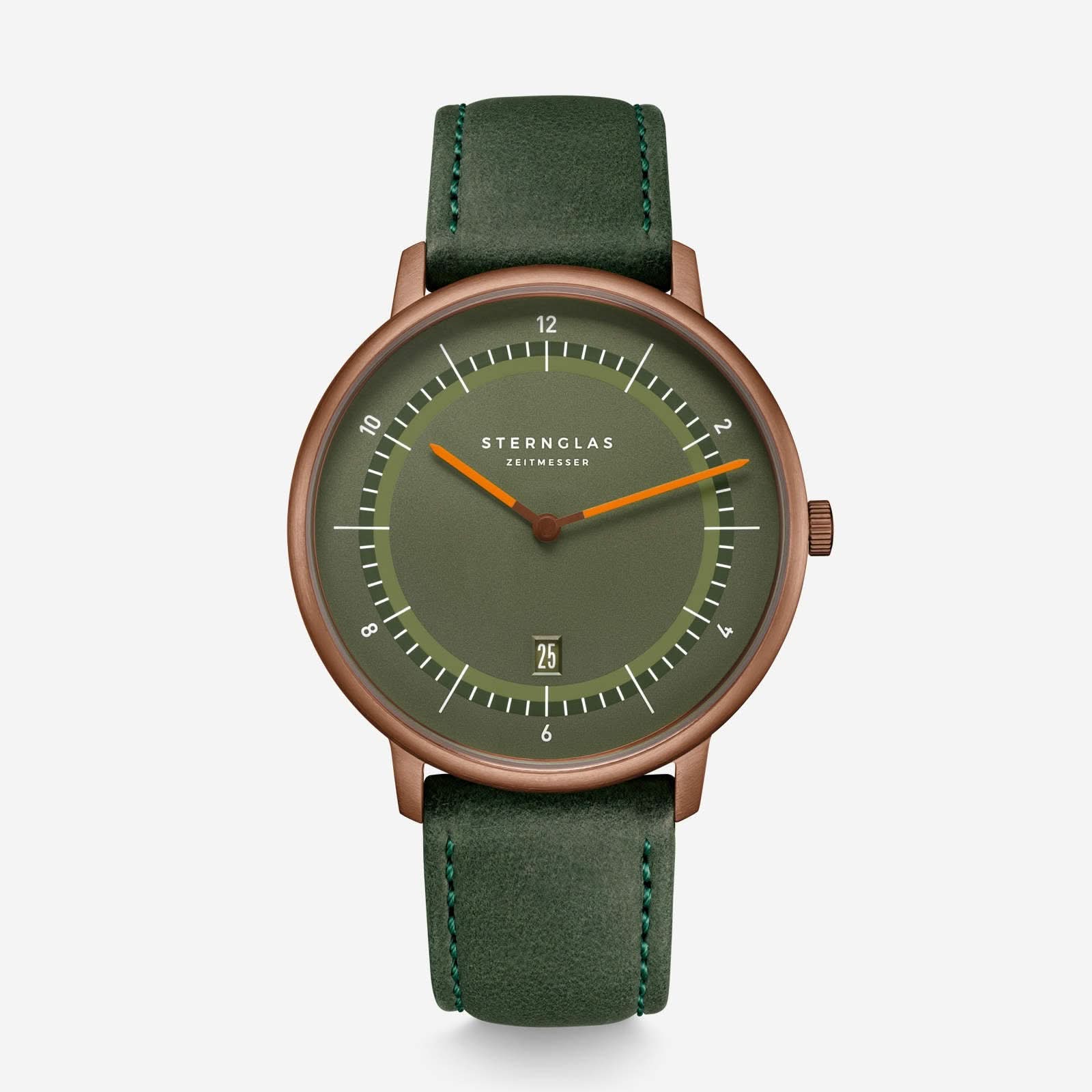 Montre unisexe avec boîtier rond, cadran vert et bracelet en cuir vert.