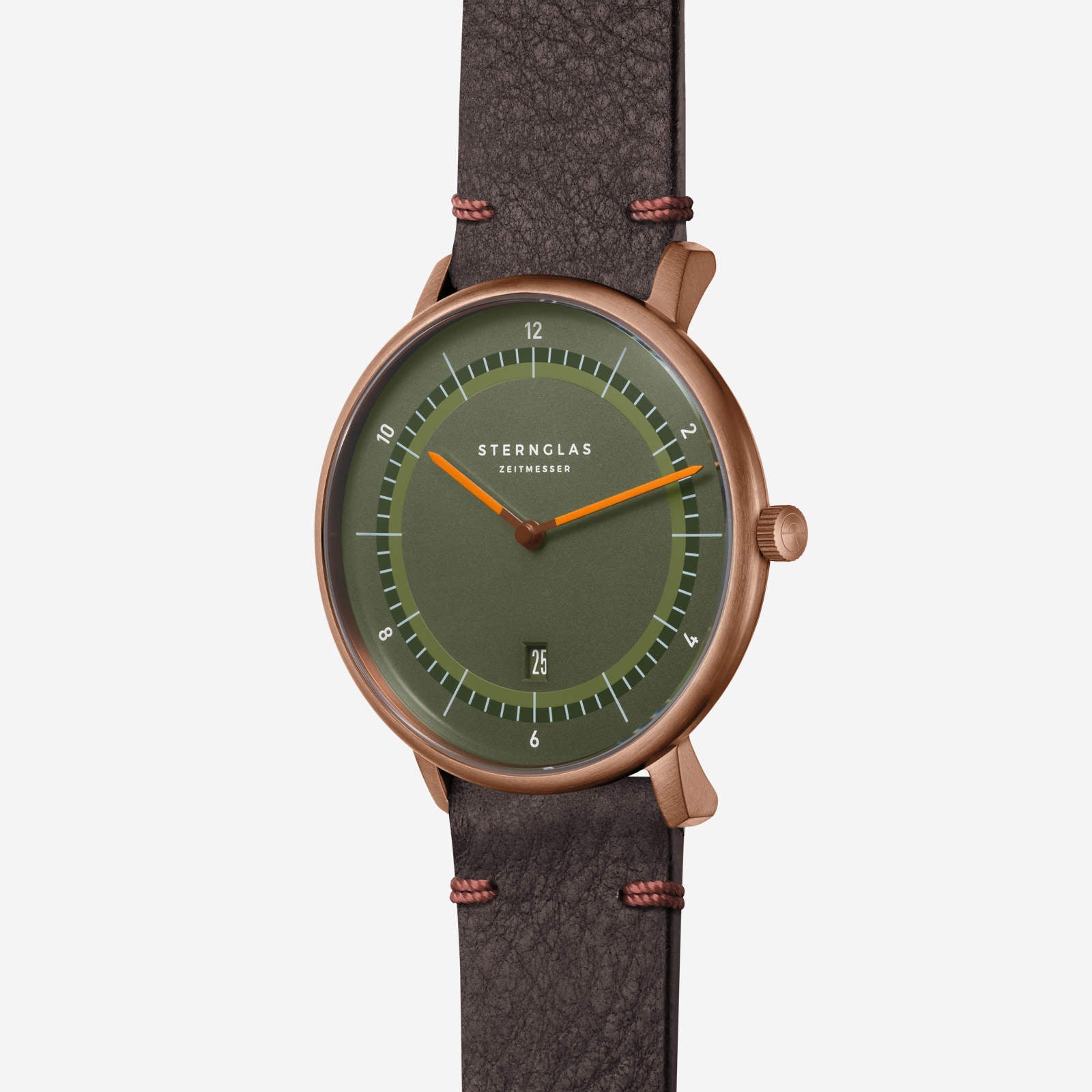 Montre homme avec cadran vert, aiguilles orange et bracelet en cuir marron