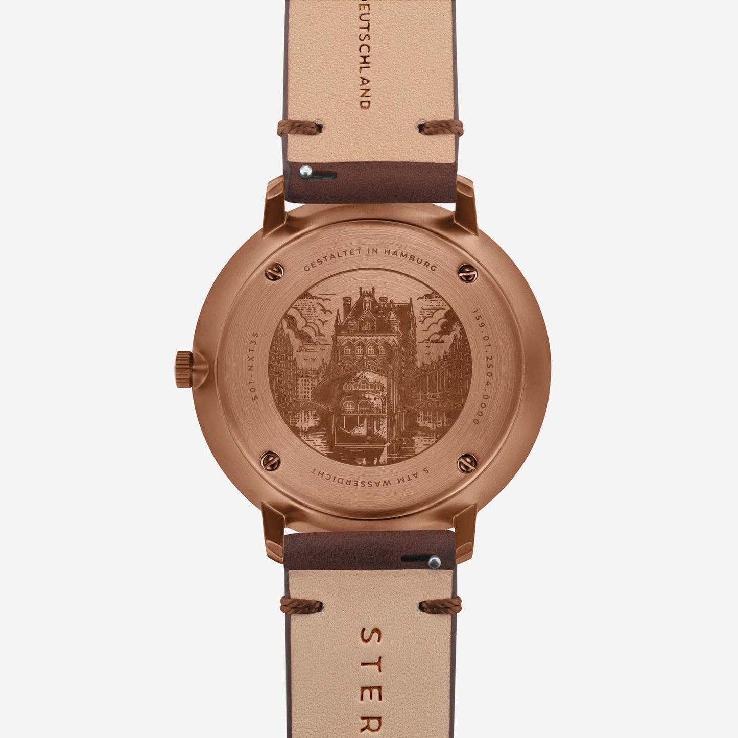 Fond de montre unisexe avec gravure sur boîtier en or rose et bracelet en cuir marron