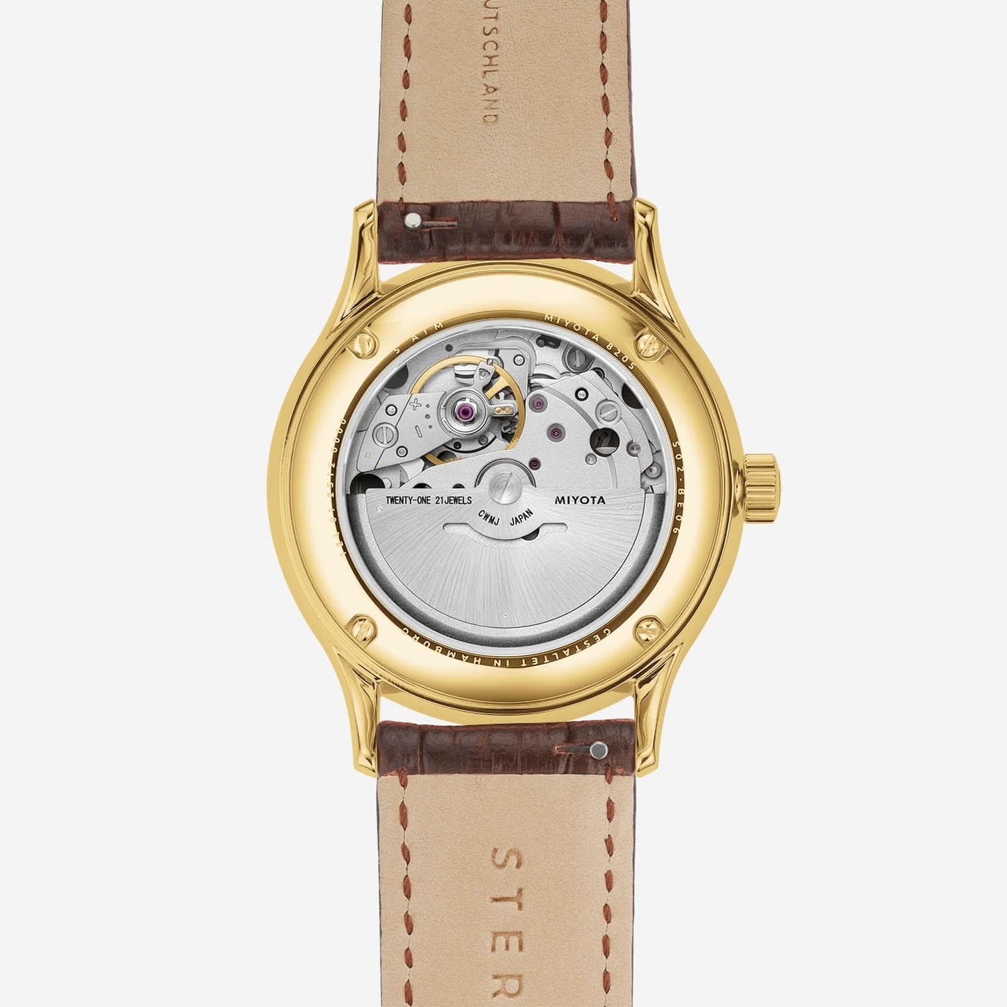 Bracelet de montre pour homme, fenêtre ouverte sur le mouvement ; bracelet en cuir beige