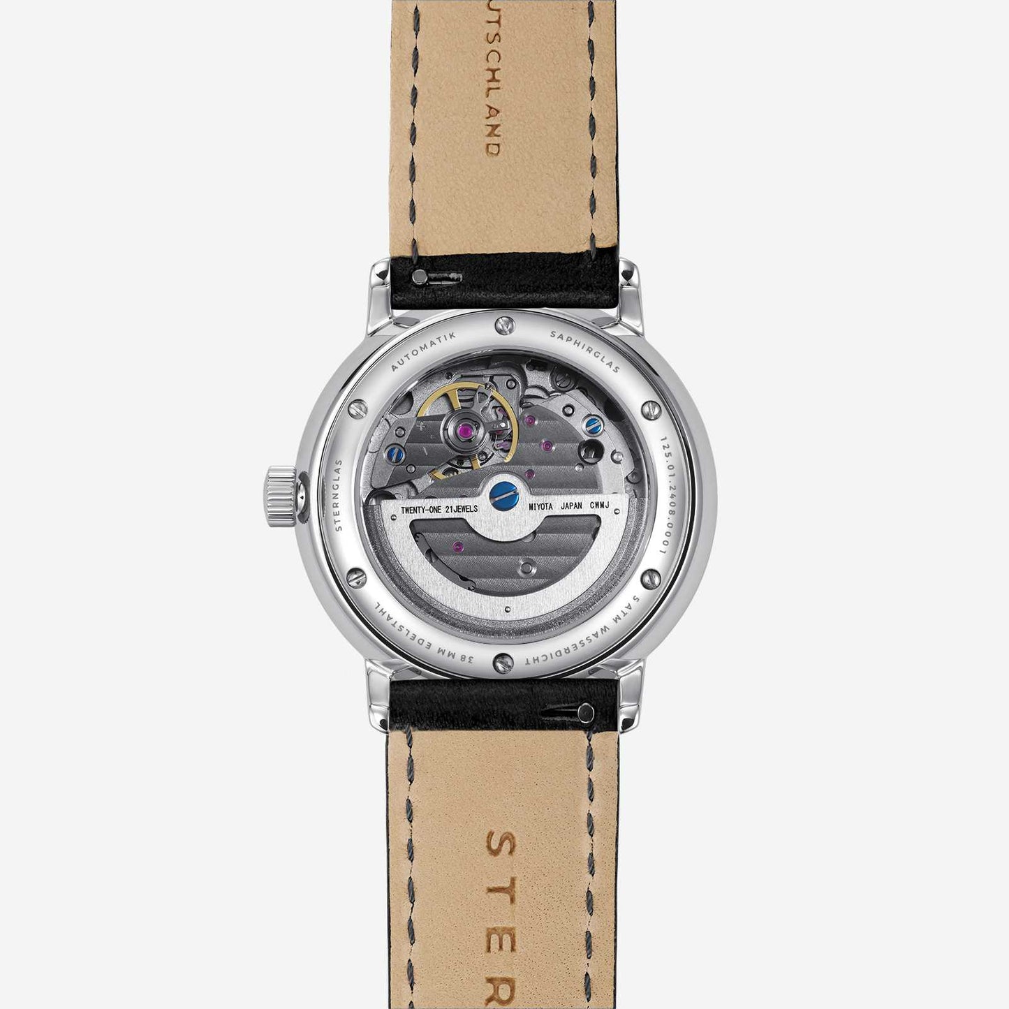 Montre Sternglas pour homme avec mouvement apparent et bracelet en cuir beige, boîtier argenté