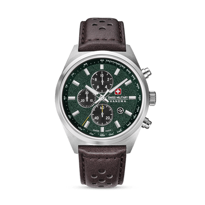Herren-Chronograph mit braunem Lederarmband, grünem Zifferblatt und Chrono-Subdials