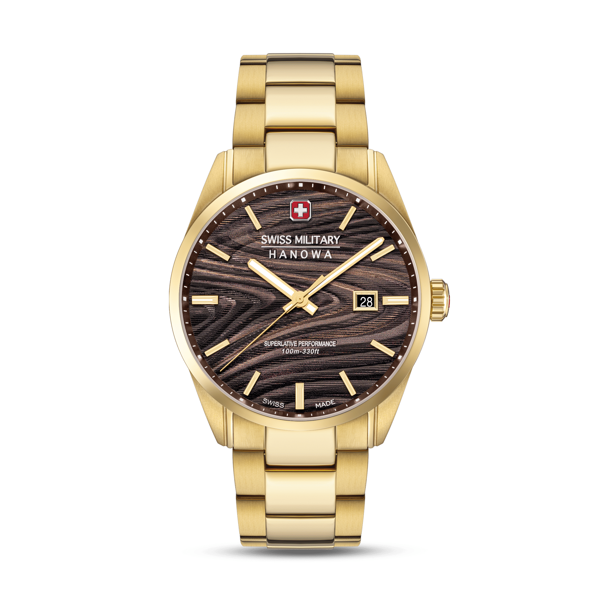 Herrenarmbanduhr mit goldfarbenem Metallband, dunklem Zifferblatt und Datumsanzeige 28