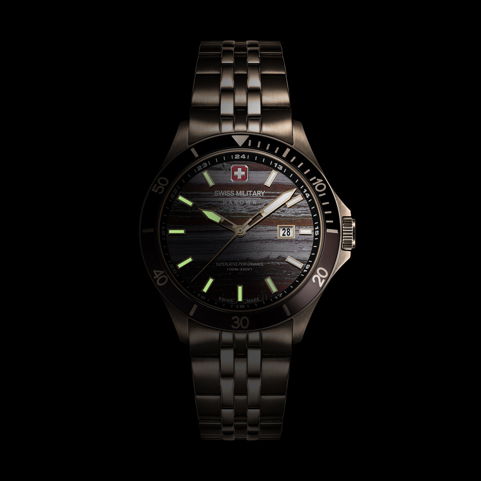 Herrenarmbanduhr mit schwarzem Gehäuse und schwarzem Metallarmband, Leuchtindexen