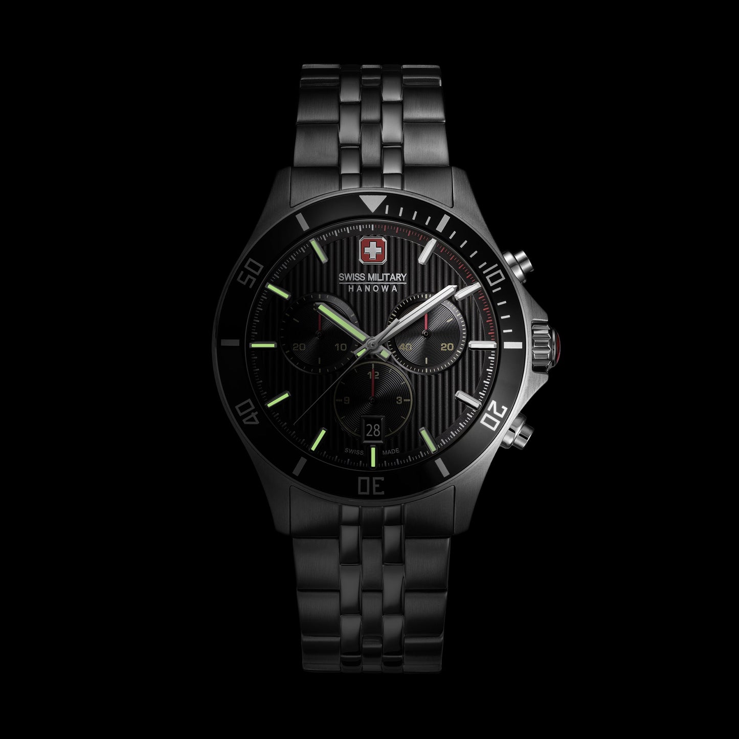 Herren-Chronographuhr mit Edelstahlarmband, schwarzem Zifferblatt und grünen Akzenten
