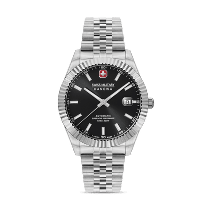 Herrenuhr mit silbernem Edelstahlarmband, schwarzem Zifferblatt und Automatik-Anzeige