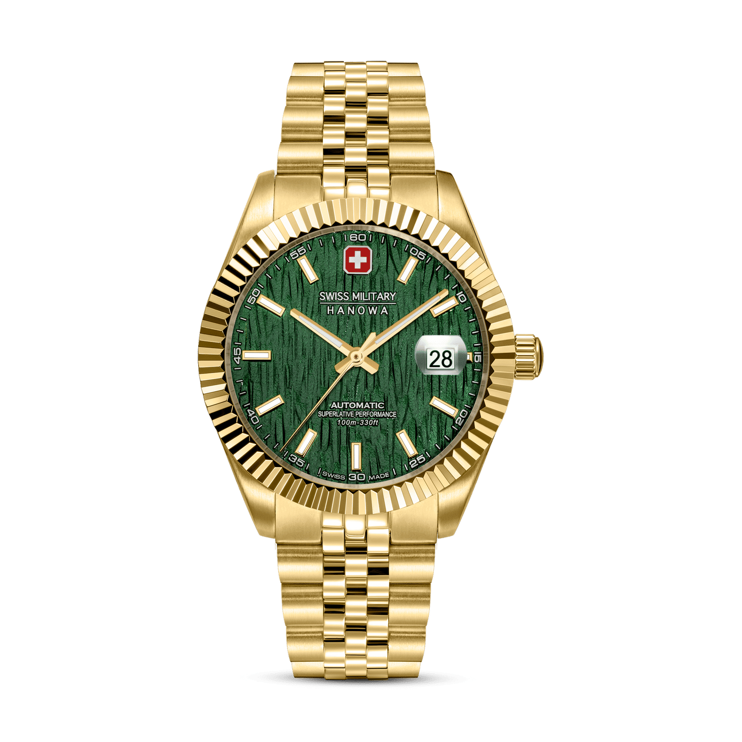 Goldfarbene Herrenarmbanduhr mit grünem Zifferblatt, Datumsanzeige und Metallband