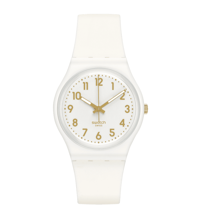Swatch Armbanduhr mit weißem Silikonarmband, rundem Zifferblatt und goldenen Zeigern