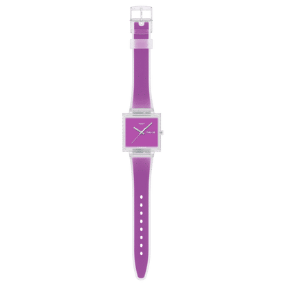 Swatch Armbanduhr mit langem, transparentem Armband und quadratischem violettem Zifferblatt