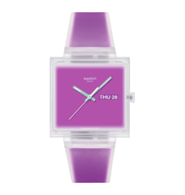 Swatch Armbanduhr mit quadratischem transparentem Gehäuse, violettem Zifferblatt und grünen Zeigern