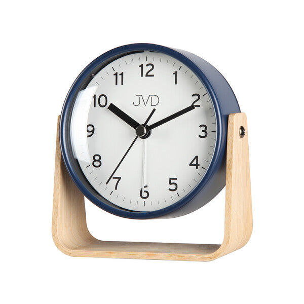 Réveil JVD avec cadre bleu, cadran blanc et socle en bois